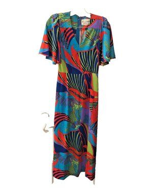 70's Nu Mode High Fashion Psychedelic Maxi Dress Made in Japan Sz S Petite